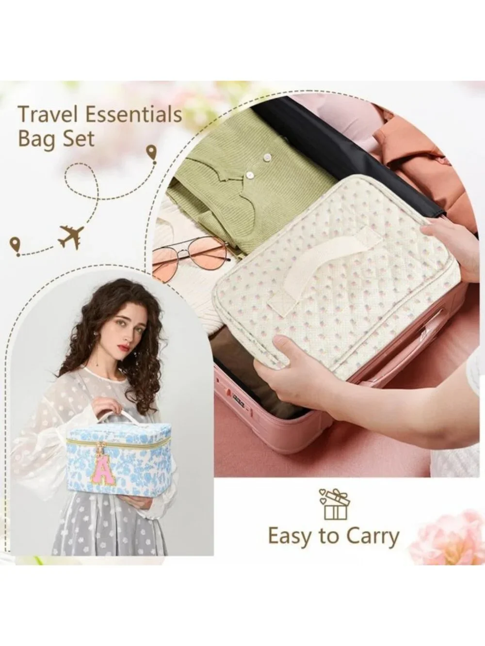 3 PCS Personalized Travel Makeup Bag Set - Quilted Cosmetic Organizer & Toiletry